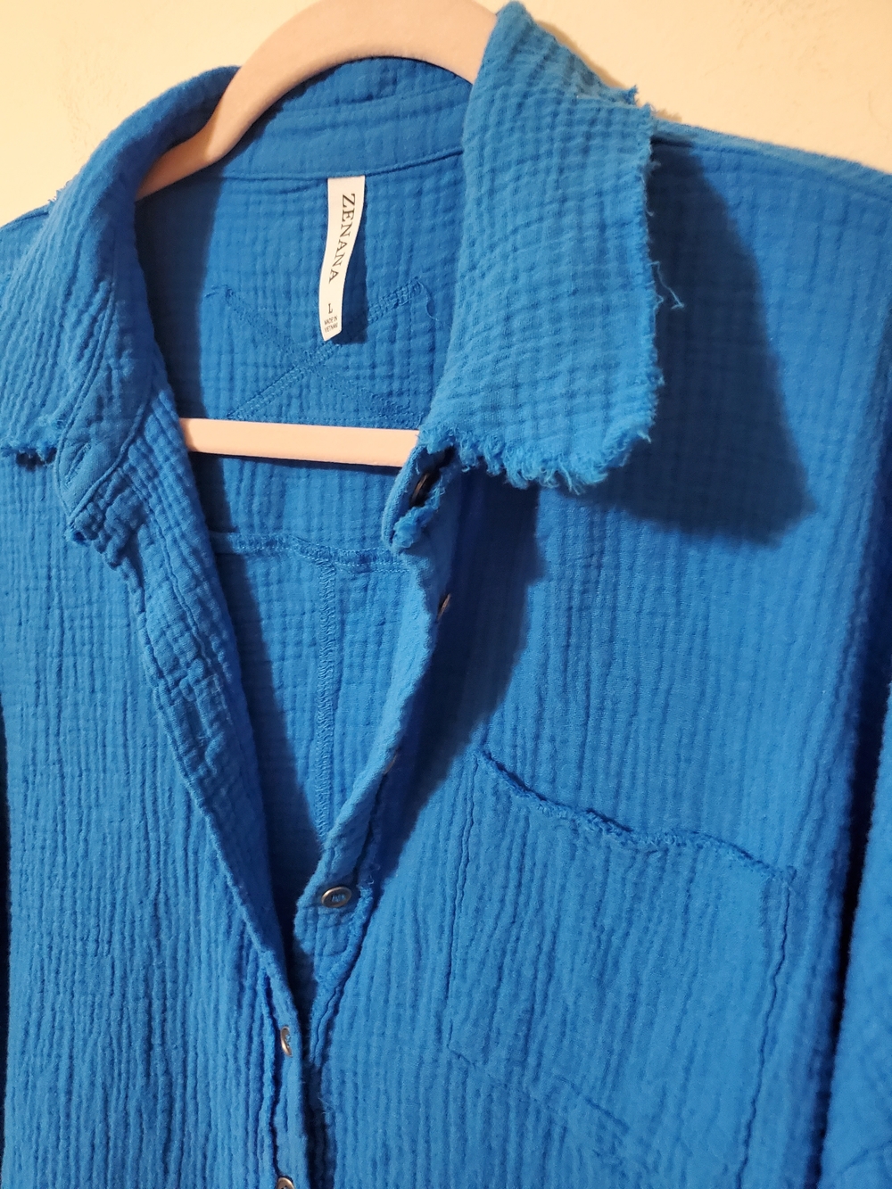 Textured Raw Edge Blue Button-Front Gauze Shirt Oversized Beach Cover Up - Picture 3 of 7